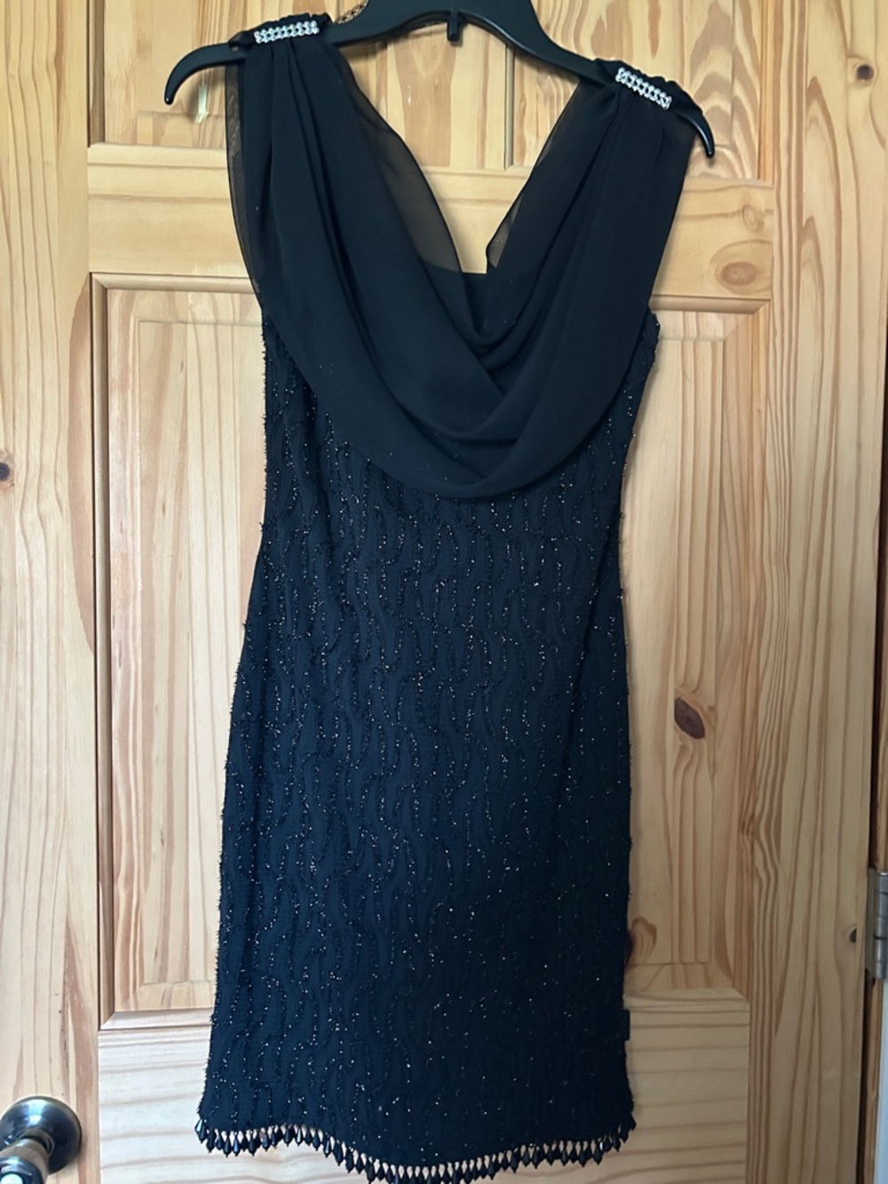Ann Taylor Black Beaded Mini Dress with Draped Chiffon Cowl